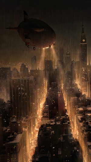 Gotham City at night with a blimp
