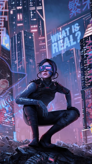 Cyberpunk woman in futuristic city