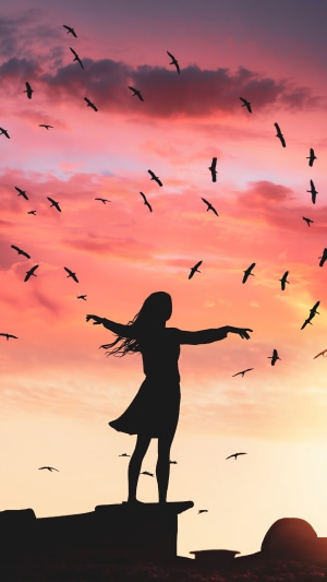 Silhouette of a woman with birds flying at sunset
