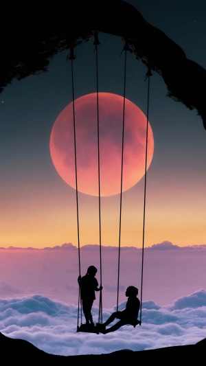 Silhouettes of two people on a swing with a large moon