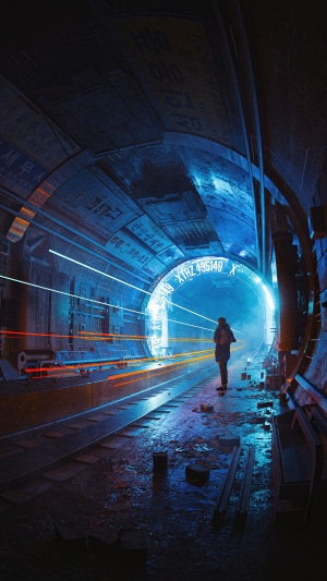 Sci-fi tunnel with a person and light streaks