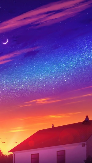 Person sitting on a rooftop under a starry sky
