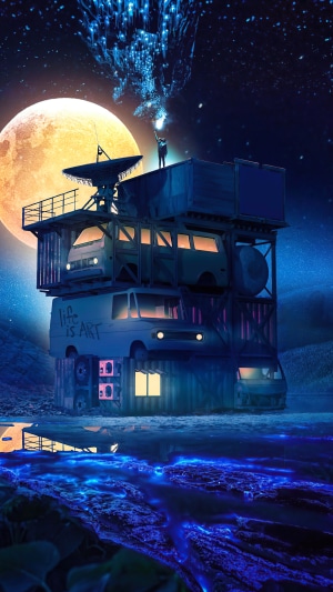 Artwork of a person on a stacked structure under a large moon