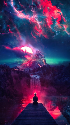 Man on dock overlooking cosmic waterfall and mountain