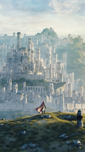 Fantasy Cityscape with a Lone Figure