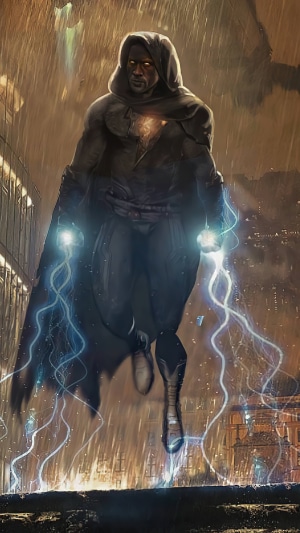 Black Adam flying with lightning in a city