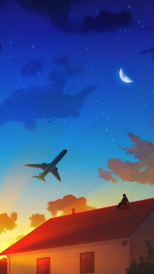Person on roof watching airplane at sunset