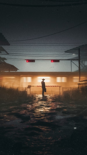 Man with briefcase at train crossing