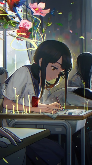 Anime girl in school uniform drawing in classroom