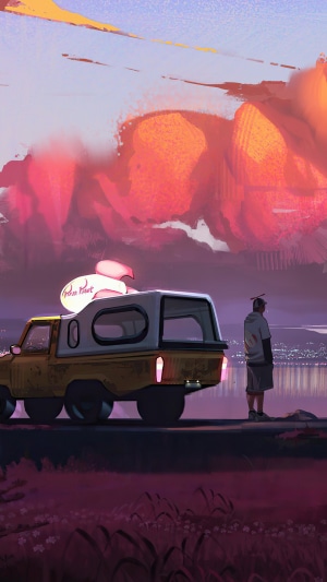 Yellow pickup truck with Pizza Hut sign and person by lake