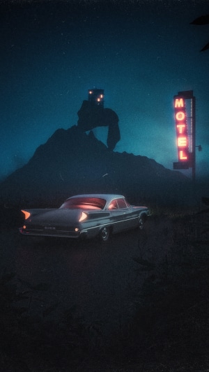 Giant figure on mountain overlooking a vintage car and motel sign