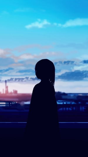 Anime girl silhouette against a cloudy sky
