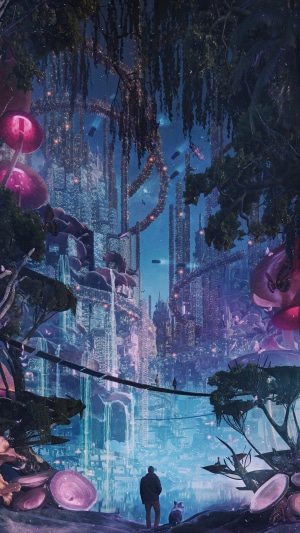 Futuristic Cityscape with Bioluminescent Flora