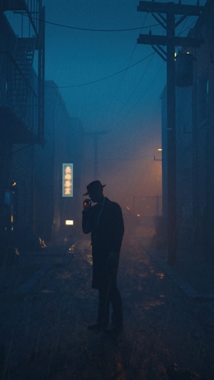 Man in fedora smoking in alley 4K