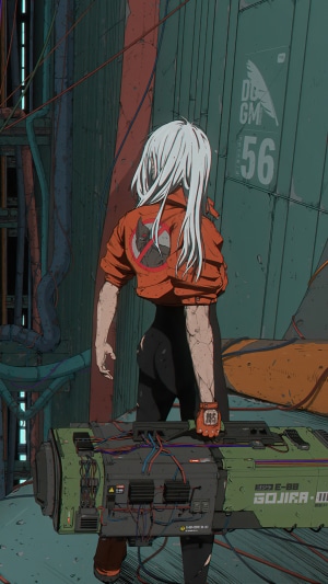 Girl with white hair carrying a large device