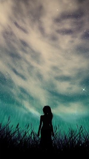 Girl in silhouette under a starry sky