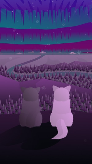 Two foxes watching the aurora borealis in a snowy forest