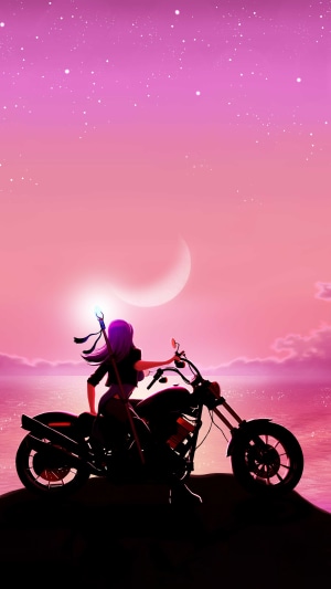 Anime girl with staff on a motorcycle at sunset