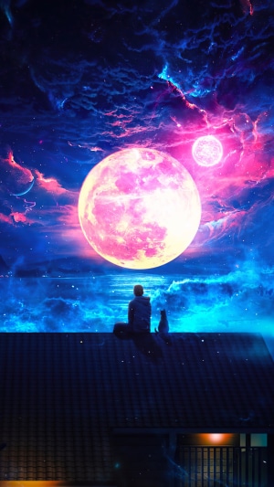 Man and cat on roof watching large pink moon in space