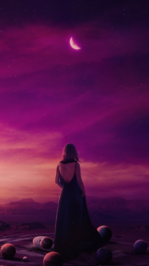 Woman in a dark dress on a planet with moons