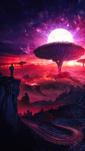 Fantasy landscape with a person on a cliff overlooking a surreal world