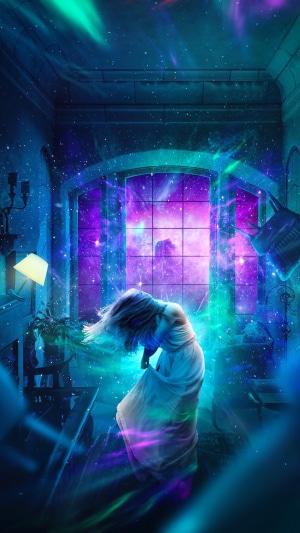 Woman dancing in a room with a galaxy window