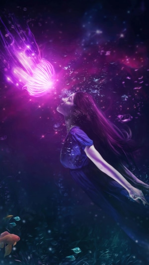 Girl and glowing jellyfish in deep space