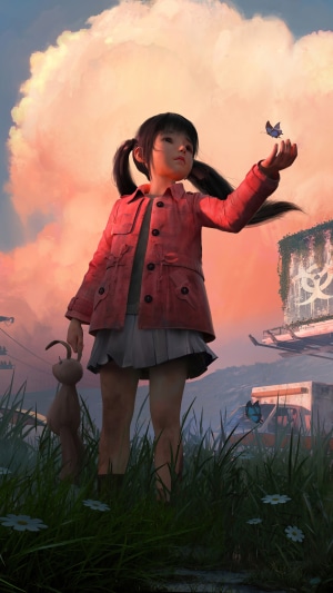 Girl with butterfly and stuffed animal in post-apocalyptic setting