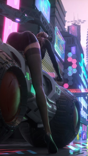 Woman on a futuristic motorcycle in a neon city