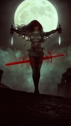 Woman with swords and bloody sword under moon