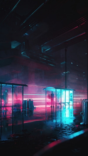 Cyberpunk Bus Stop at Night
