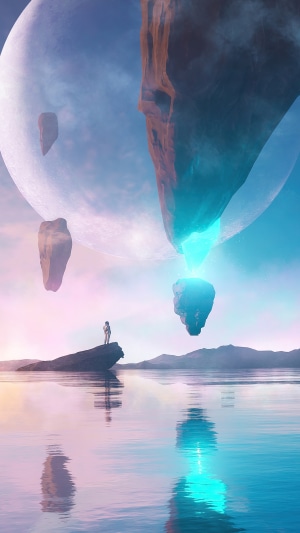 Astronaut on floating island overlooking alien landscape
