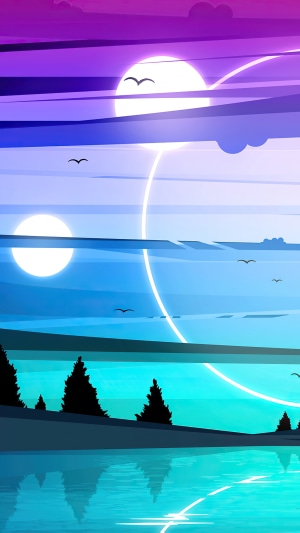 Minimalist digital art of a surreal landscape with two suns