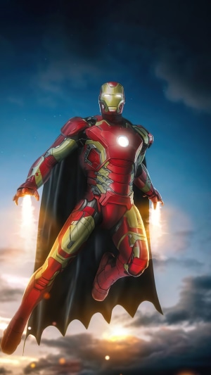 Iron Man flying with cape and jets