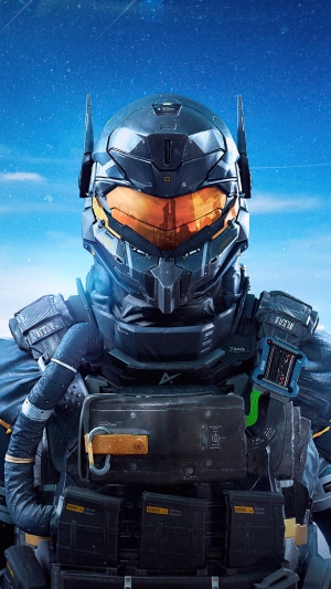 Soldier in advanced armor against a blue sky