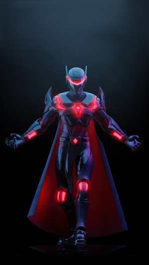 Fortnite character with red glowing accents and cape