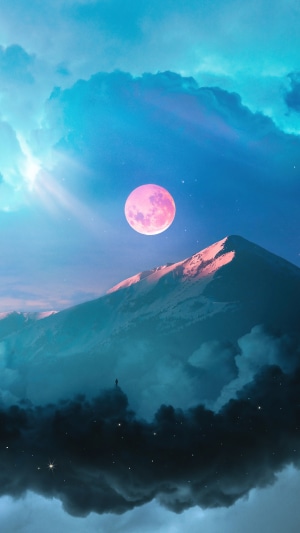 Digital art of a lone figure on a mountain under a pink moon