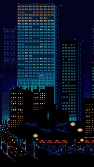 Pixel art cityscape at night with illuminated buildings