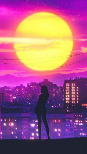 Silhouette of a person against a large sun and city