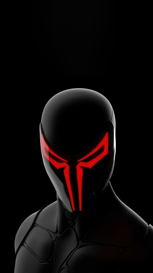 Black character with red glowing mask