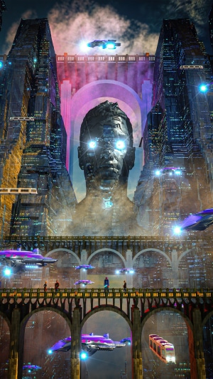 Sci-fi artwork of a giant head in a futuristic city