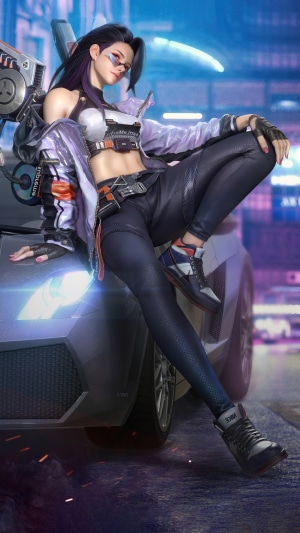Cyberpunk woman with purple hair and sunglasses posing by a car