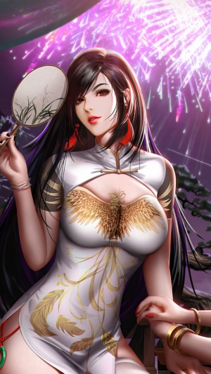 Tifa Lockhart from Final Fantasy holding a fan