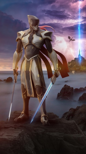 Warrior with swords on rocky shore with dragon and castle
