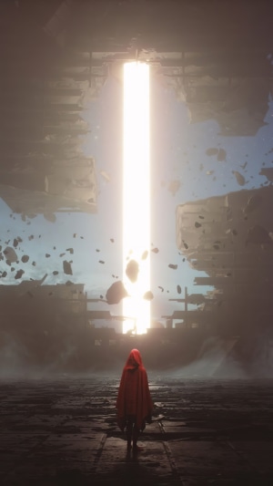 Figure in Red Hood Approaching Light Portal
