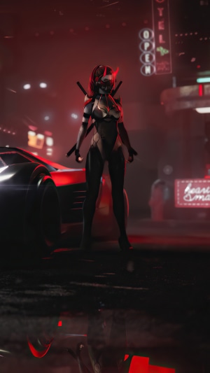 Cyberpunk Samurai Woman with Swords and Car