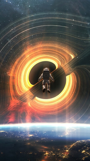 Astronaut near a black hole over Earth