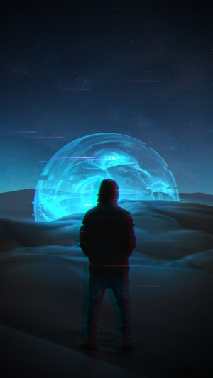 Man in hoodie facing glowing sphere in desert 4K