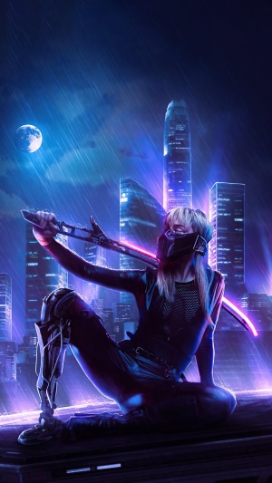 Cyberpunk warrior with glowing sword in rainy city