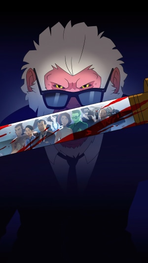 Monkey with glasses holding a bloody sword with people reflected